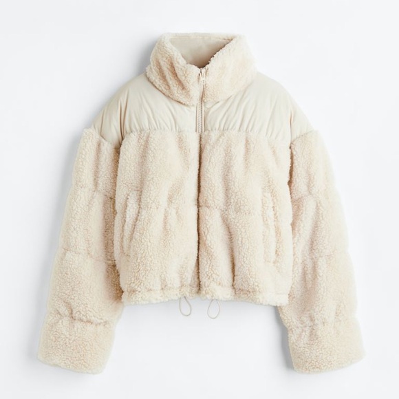H&M Padded Teddy Bear Jacket Cropped Medium Light Beige - Picture 9 of 12